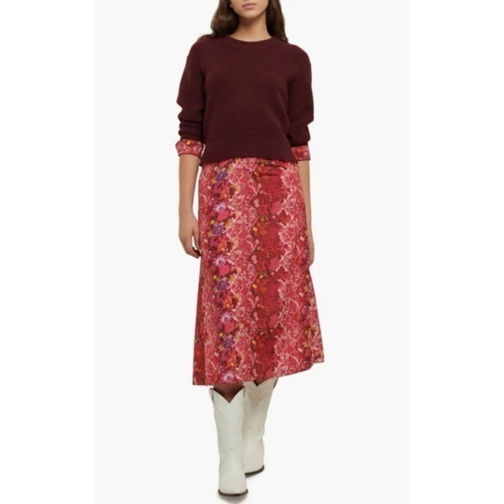 Derek Lam Gabriella Mixed Media Long Sleeve Chunky Knit Boho Floral Midi Dress